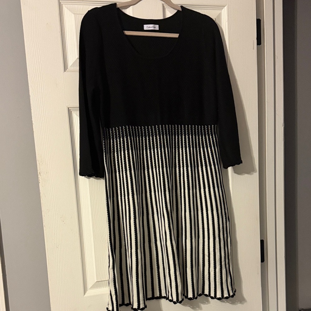 Calvin Klein Black and White Long Sleeve Dress